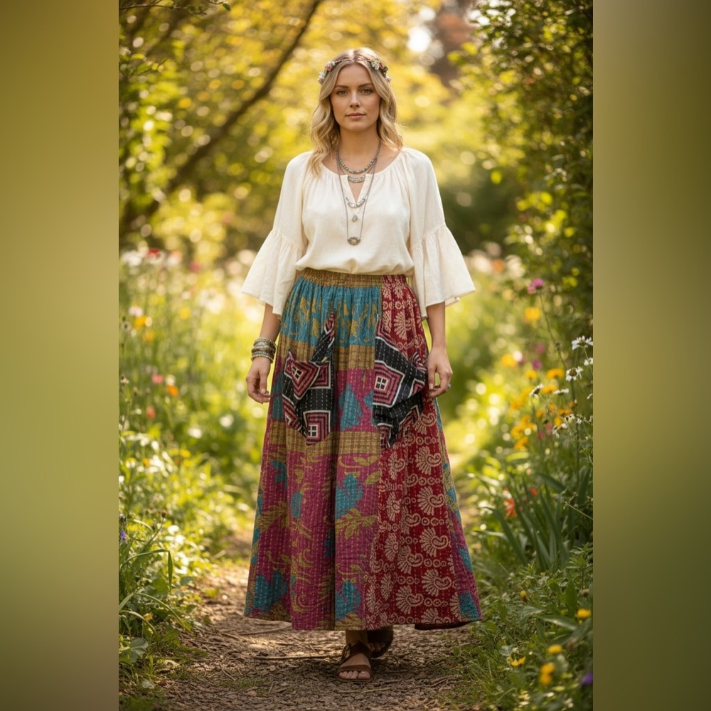 Jaded Gypsy Kantha Maxi Skirt, NWT, Free Size, Fits XS-Large, Unique, Bohemian